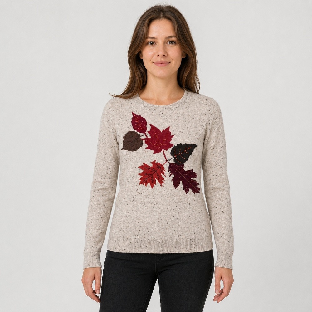 Talbots Petite SP Fall Leaves Sweater Oatmeal Cotton Blend‎ Embroidered